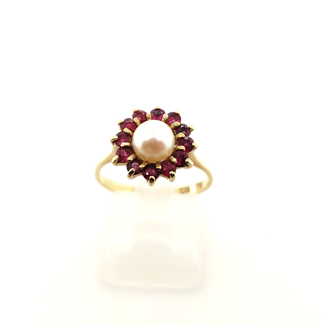 Ring Gelb Gold 585 14 kt Perle Schmucksteine Rot Damen