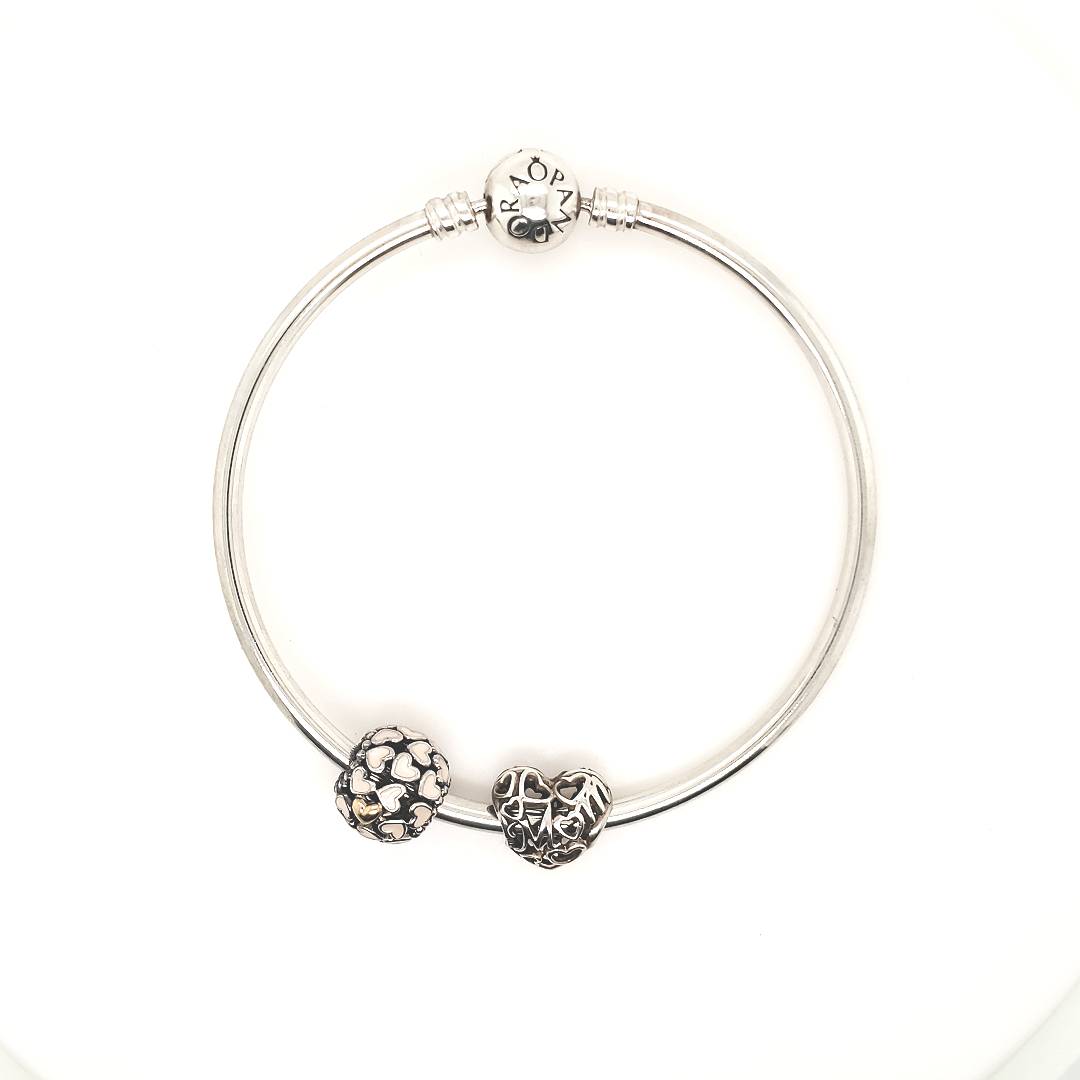 Pandora Armreif Silber 925 mit 2 Chams Herzen 60mm