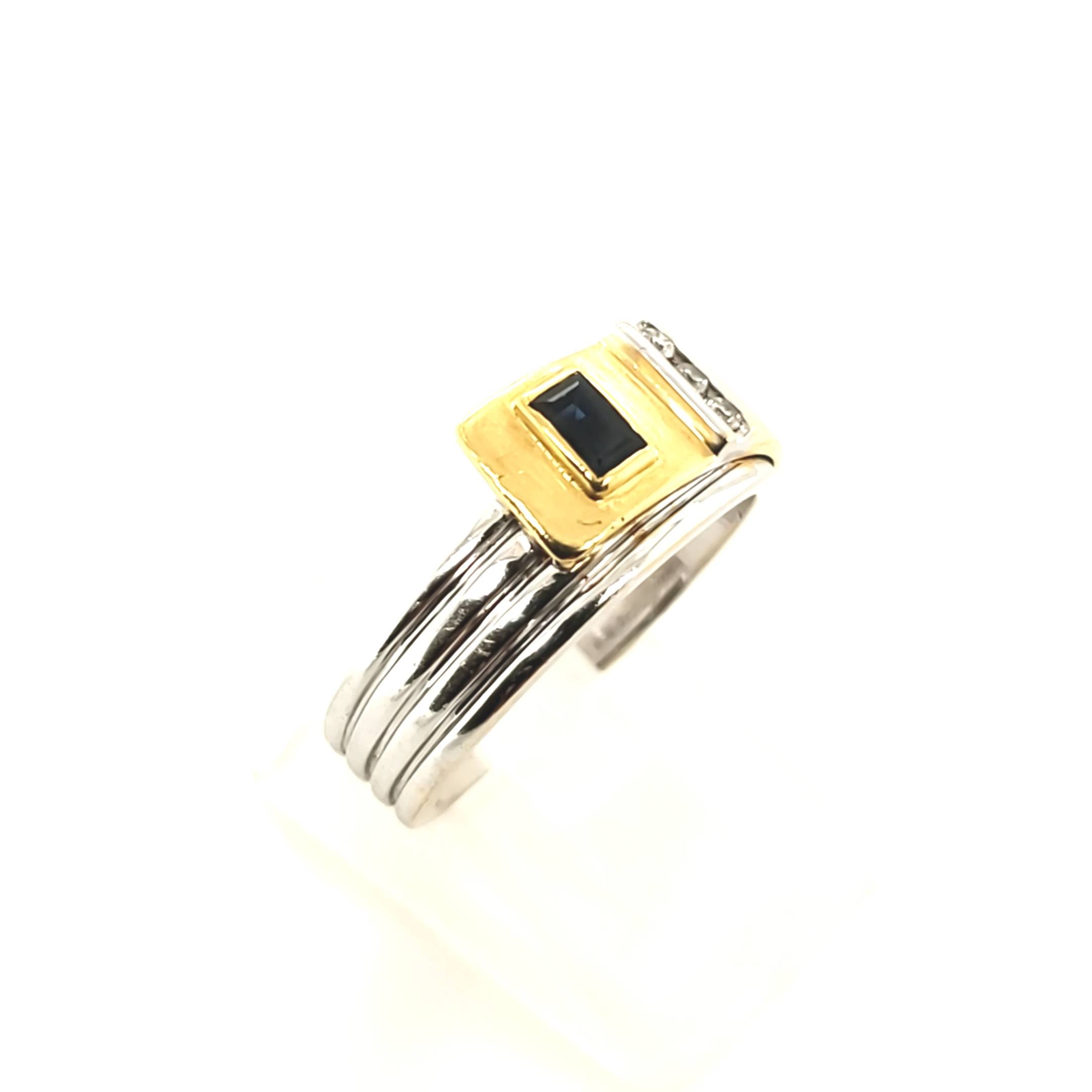 Brillant Ring Gelbgold Weißgold 1 Saphir 3 Brillanten ca.0,06ct Größe 55