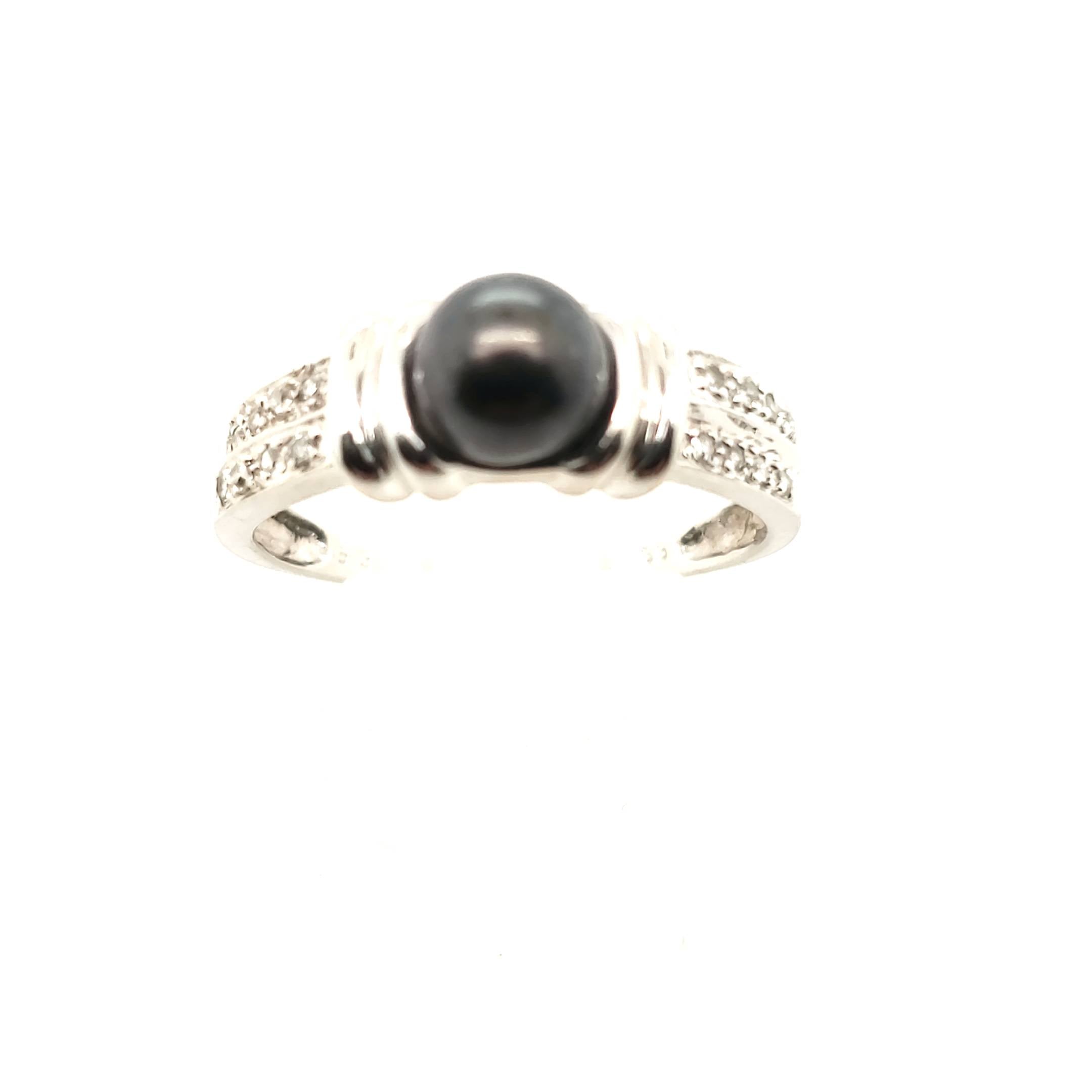 Ring Weiß Gold 585 16 Diamanten 1 schwarze Perle Größe 58