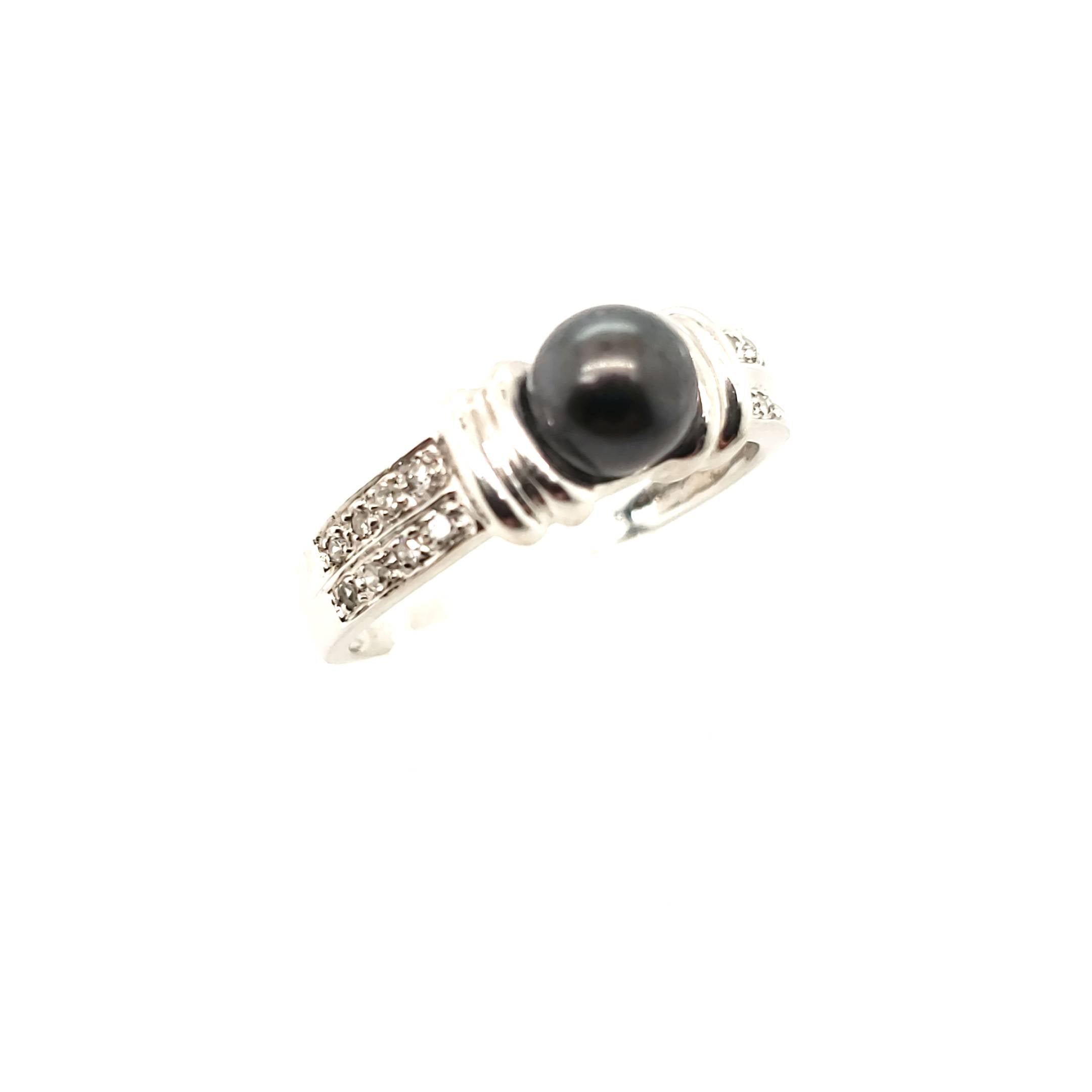 Ring Weiß Gold 585 16 Diamanten 1 schwarze Perle Größe 58