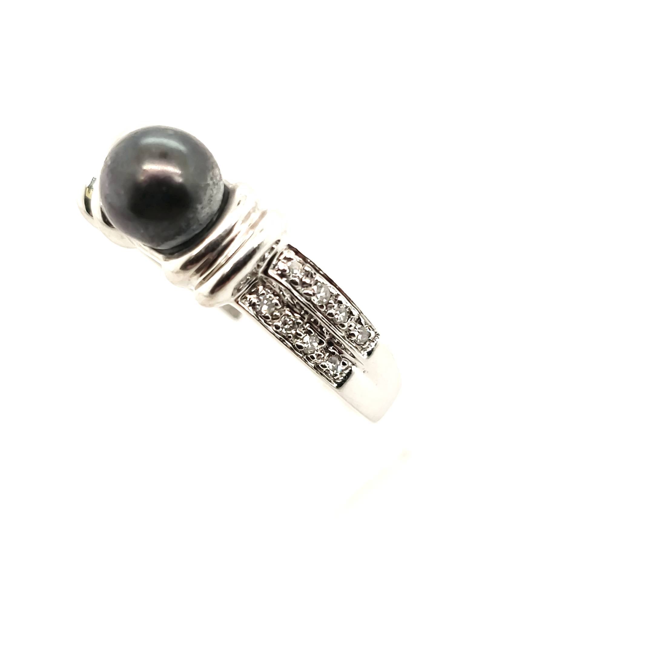 Ring Weiß Gold 585 16 Diamanten 1 schwarze Perle Größe 58