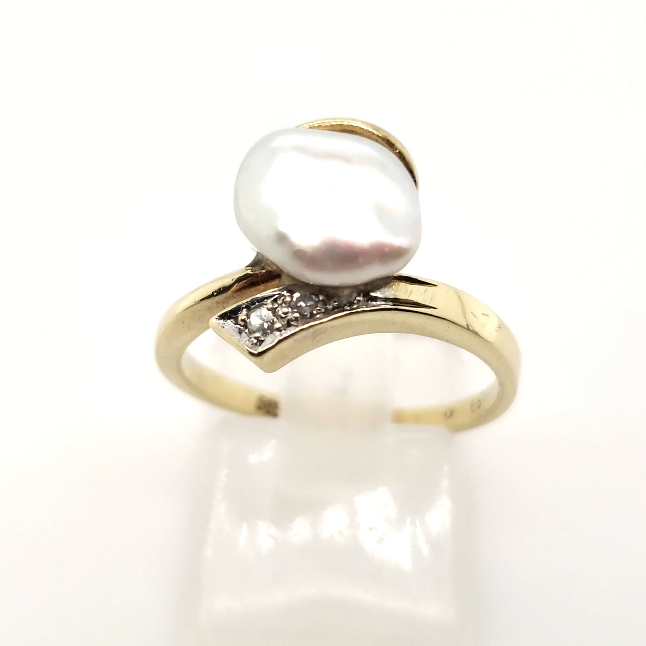 Ring Gelb Weißgold 585 14kt Größe 53 3 Diamanten eine Perle