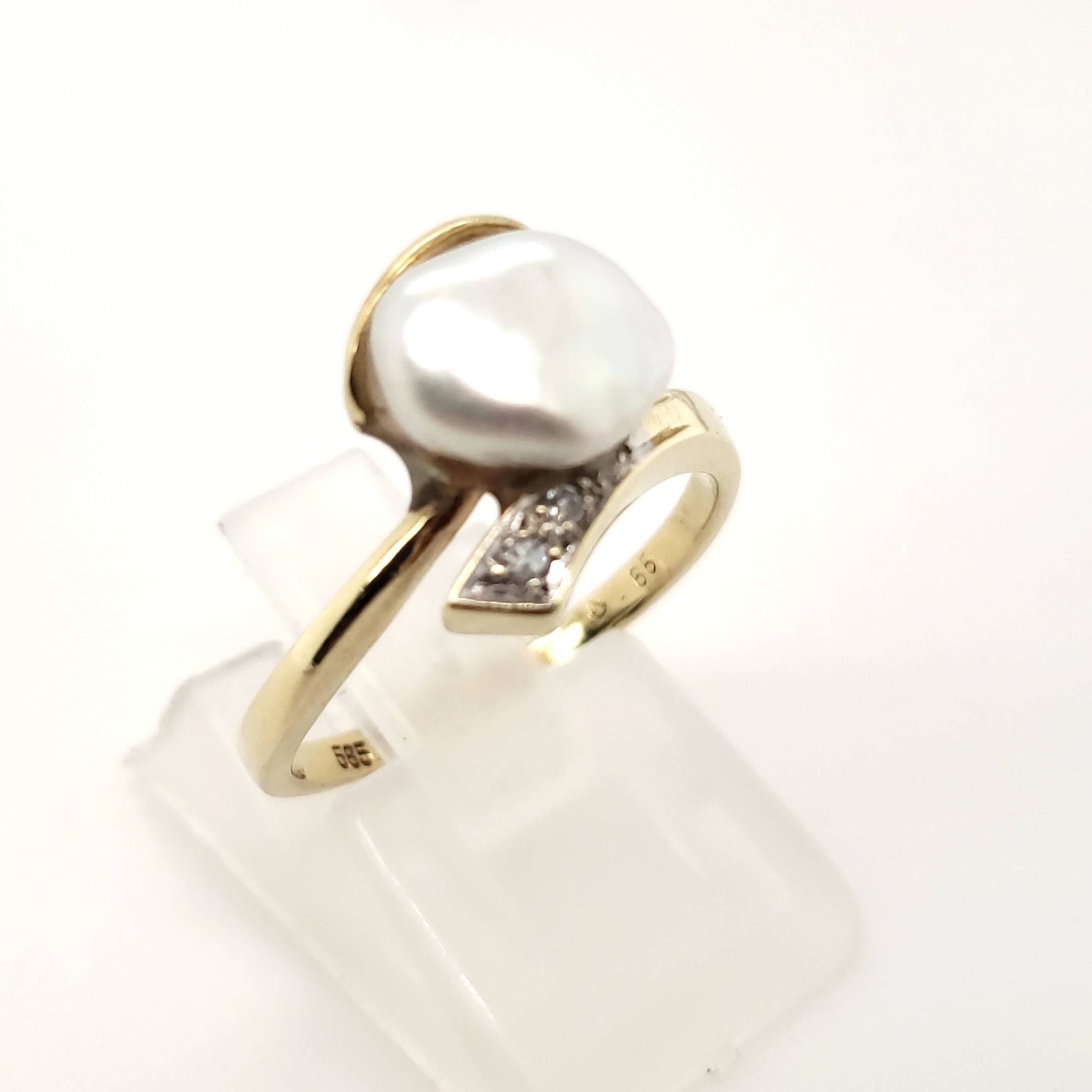 Ring Gelb Weißgold 585 14kt Größe 53 3 Diamanten eine Perle