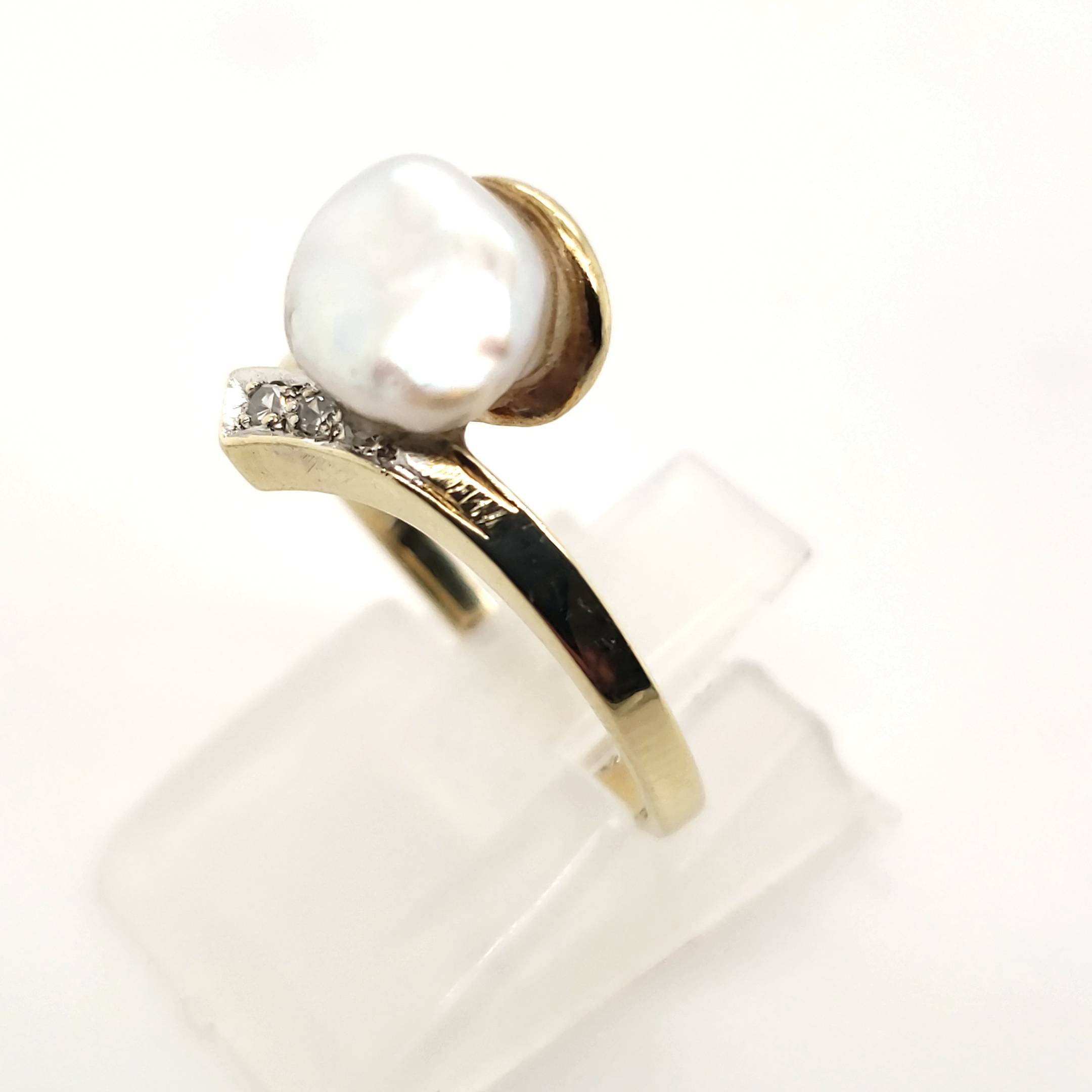 Ring Gelb Weißgold 585 14kt Größe 53 3 Diamanten eine Perle