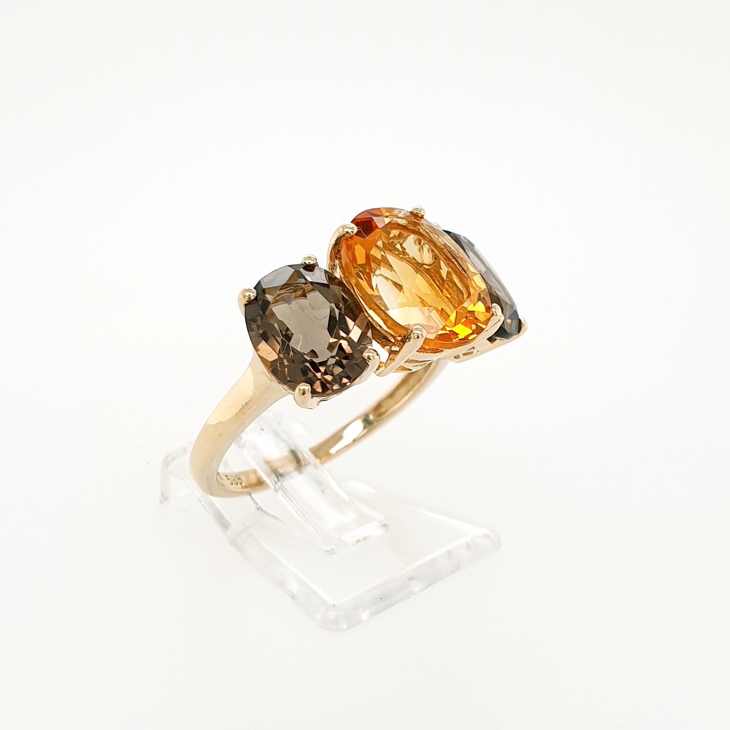 Citrin Rauchquarz Ring 585 Gelbgold 14kt Gr.56