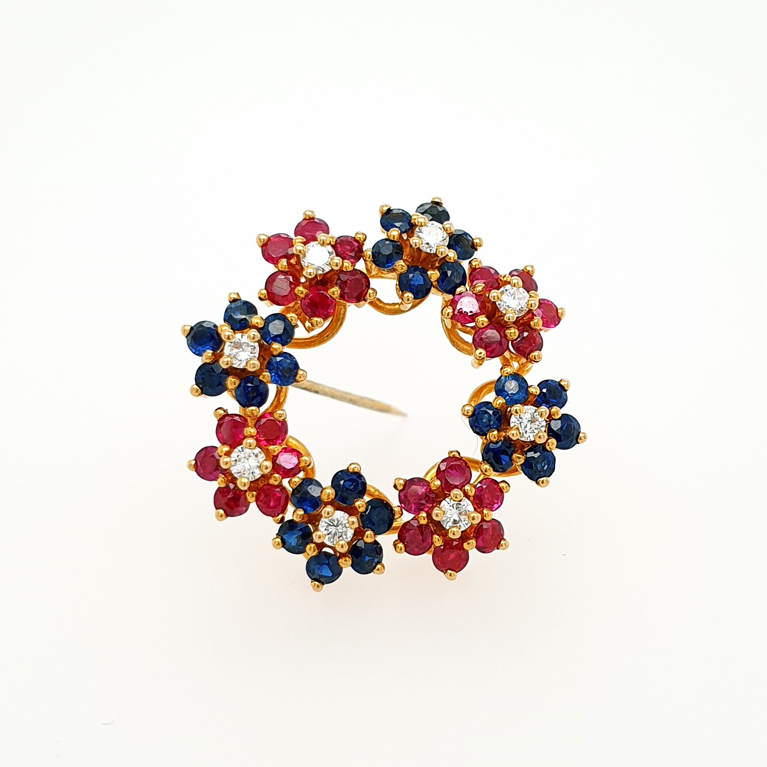 Brillant Saphir Rubin Blumen Brosche 750 Gelbgold 18kt
