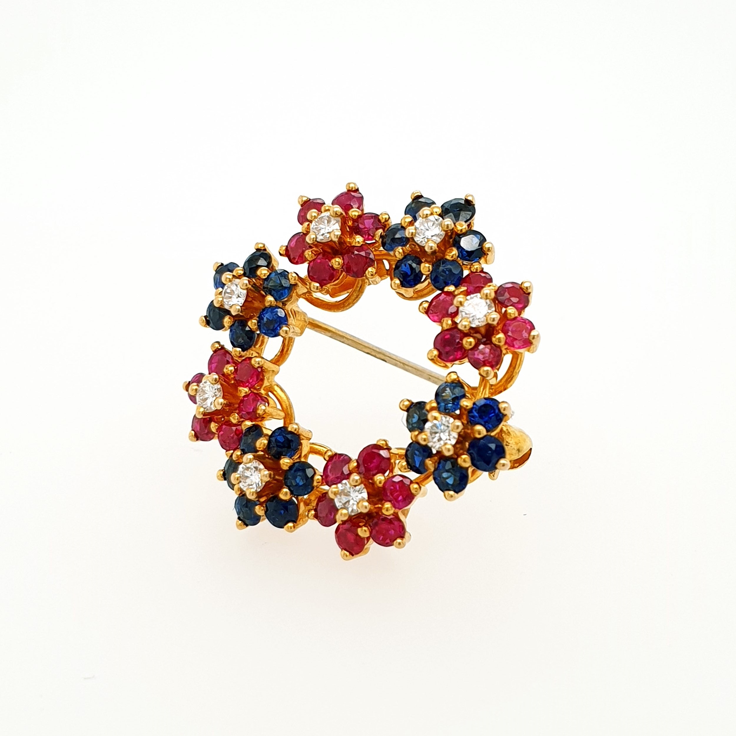 Brillant Saphir Rubin Blumen Brosche 750 Gelbgold 18kt