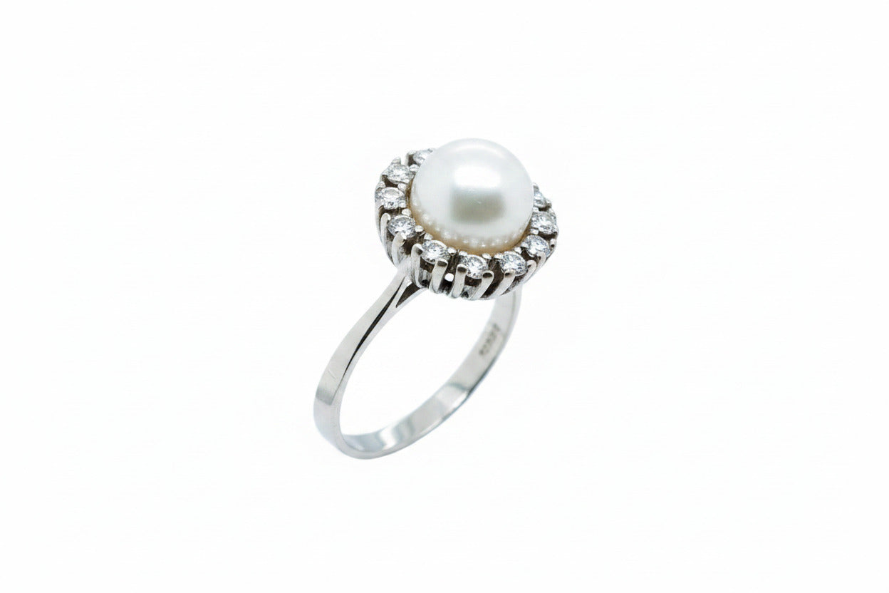 Weißgold Ring mit Perle + Brillanten 585/14kt Gr.54