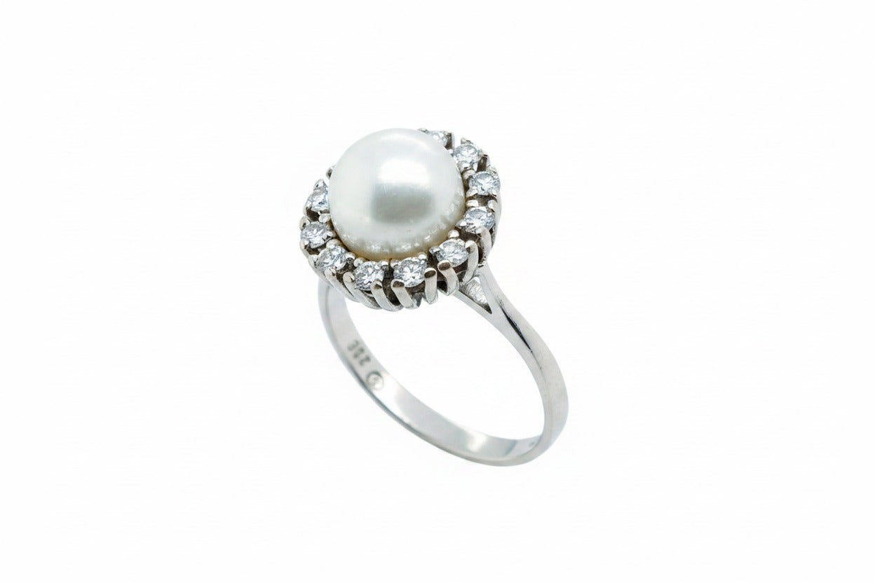Weißgold Ring mit Perle + Brillanten 585/14kt Gr.54