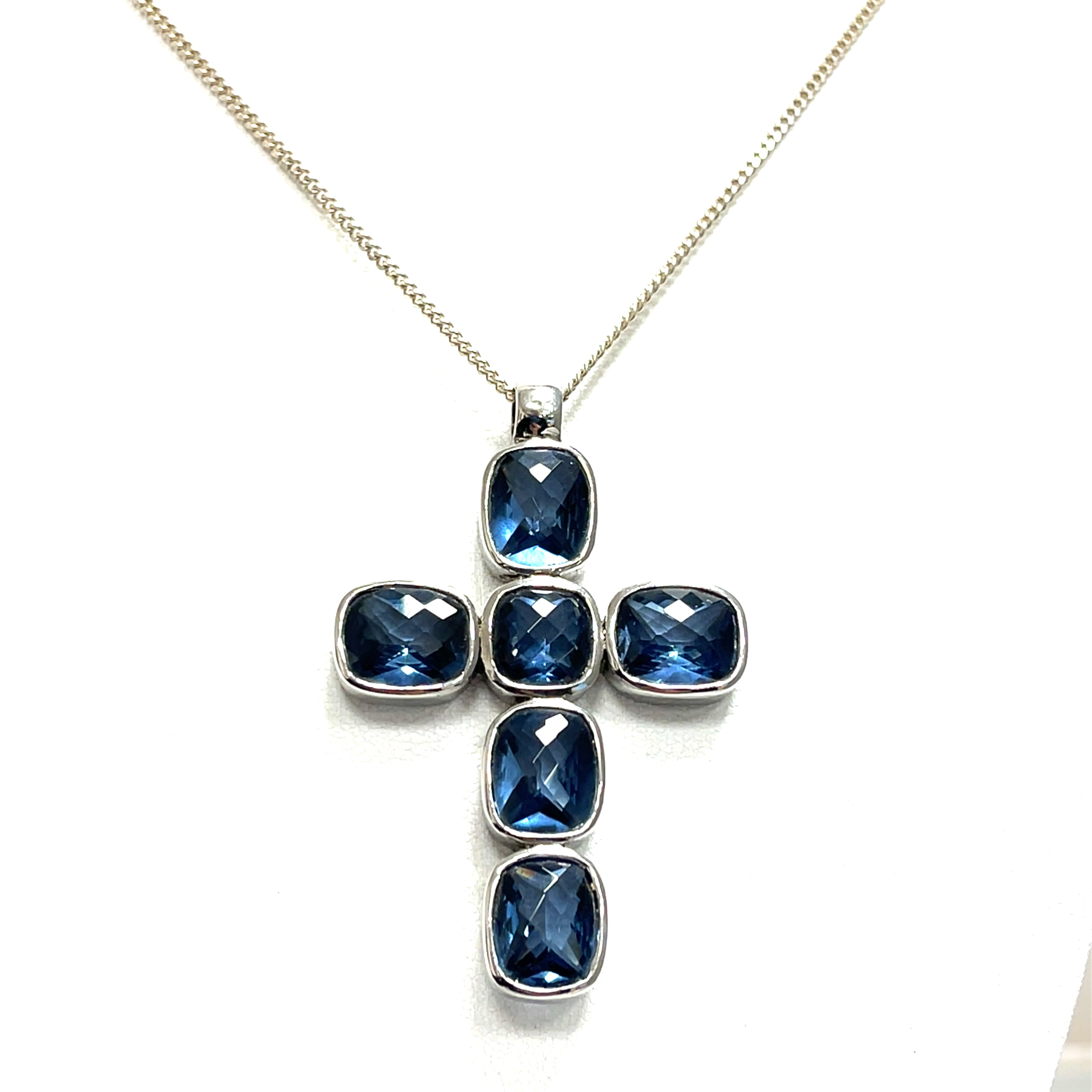 Kette Sterling Silber 925 Kreuz Farbsteine blau