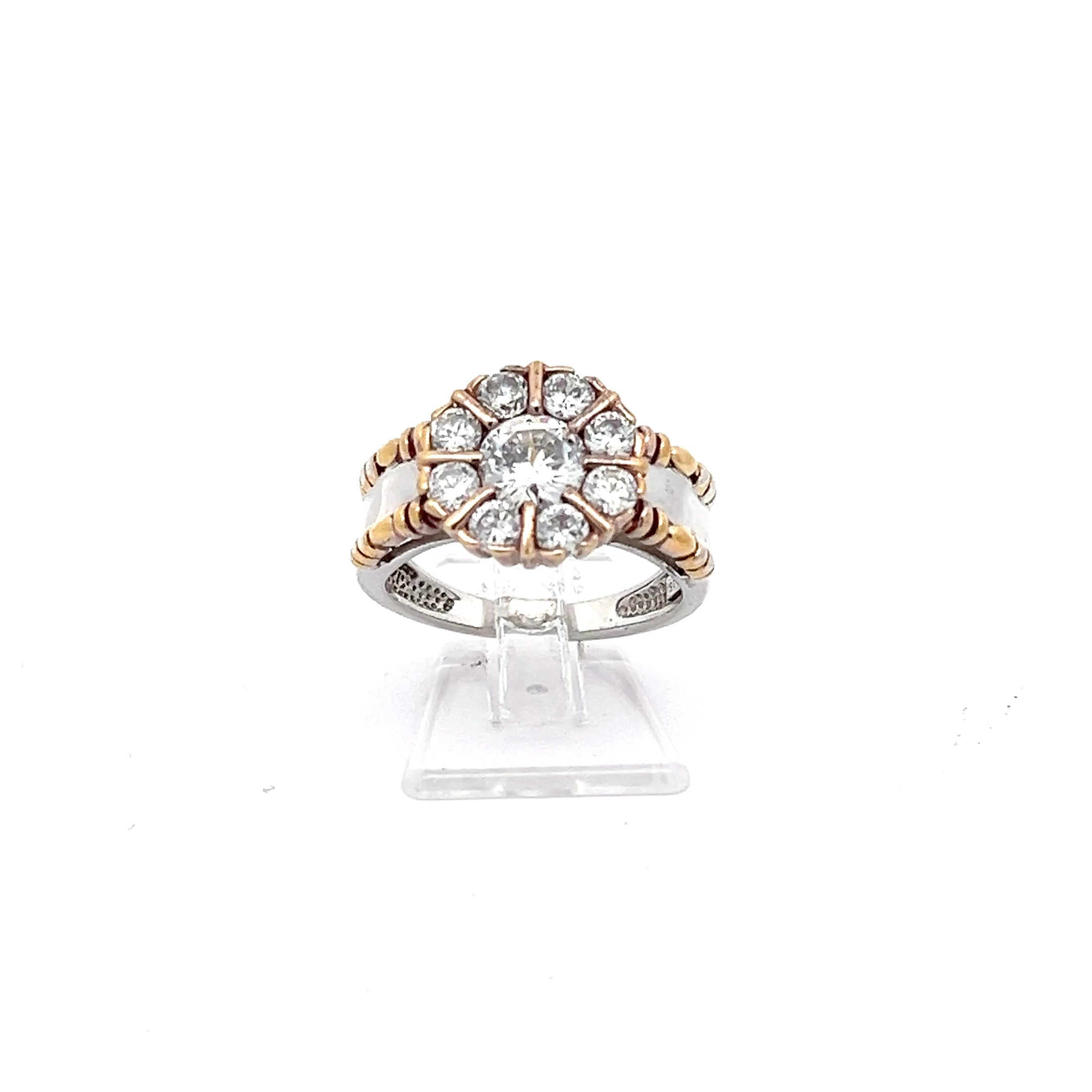 Bicolor Ring mit Blumenmuster mit Zirkonia Sterling Silber 925 *53