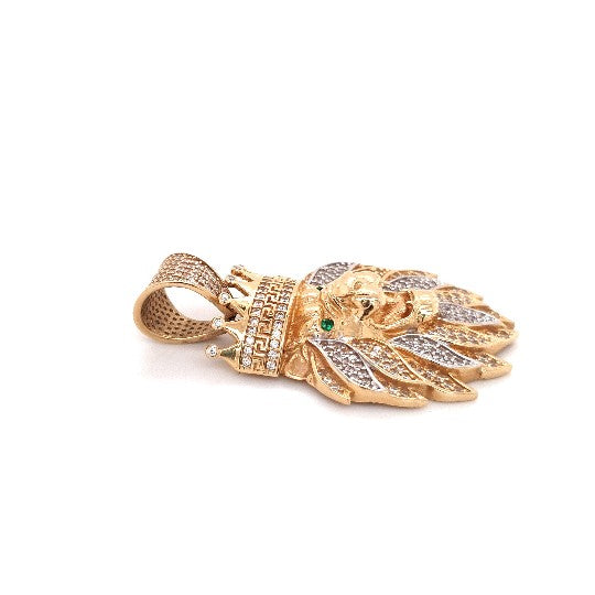 Löwen Anhänger Gelbgold 585 14 kt. Krone Zirkonia grüne Schmucksteine