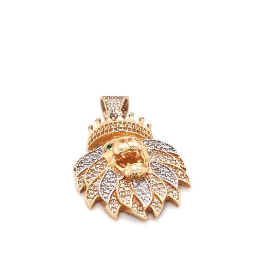 Löwen Anhänger Gelbgold 585 14 kt. Krone Zirkonia grüne Schmucksteine