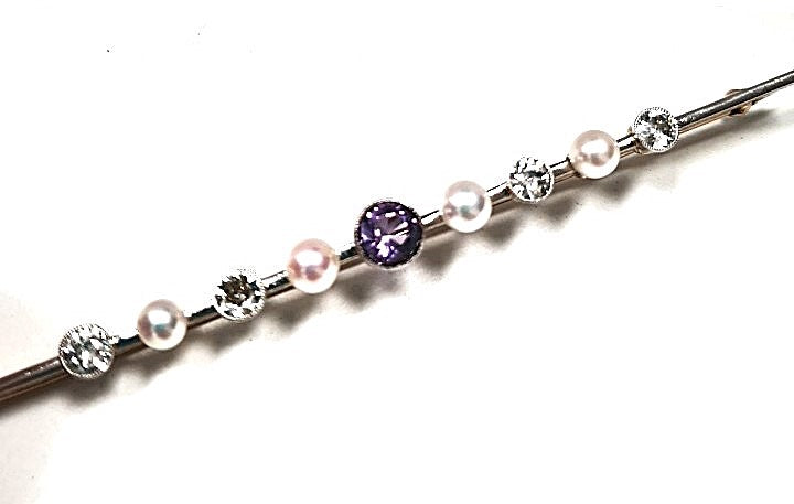 Brosche Stabbrosche 585 14 kt. Gelbgold Weißgold Altschliff Diamanten 1,3 ct Perlen Amethyst Schmuckstein