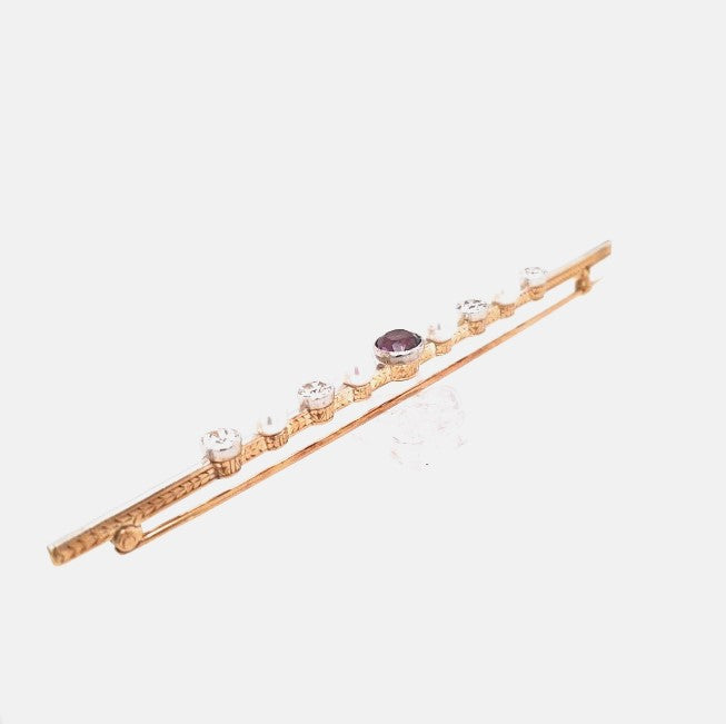 Brosche Stabbrosche 585 14 kt. Gelbgold Weißgold Altschliff Diamanten 1,3 ct Perlen Amethyst Schmuckstein