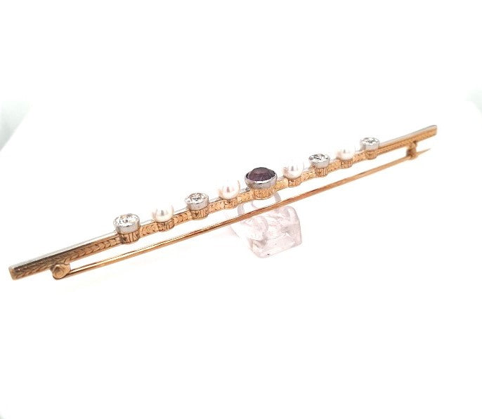 Brosche Stabbrosche 585 14 kt. Gelbgold Weißgold Altschliff Diamanten 1,3 ct Perlen Amethyst Schmuckstein