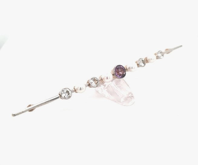 Brosche Stabbrosche 585 14 kt. Gelbgold Weißgold Altschliff Diamanten 1,3 ct Perlen Amethyst Schmuckstein