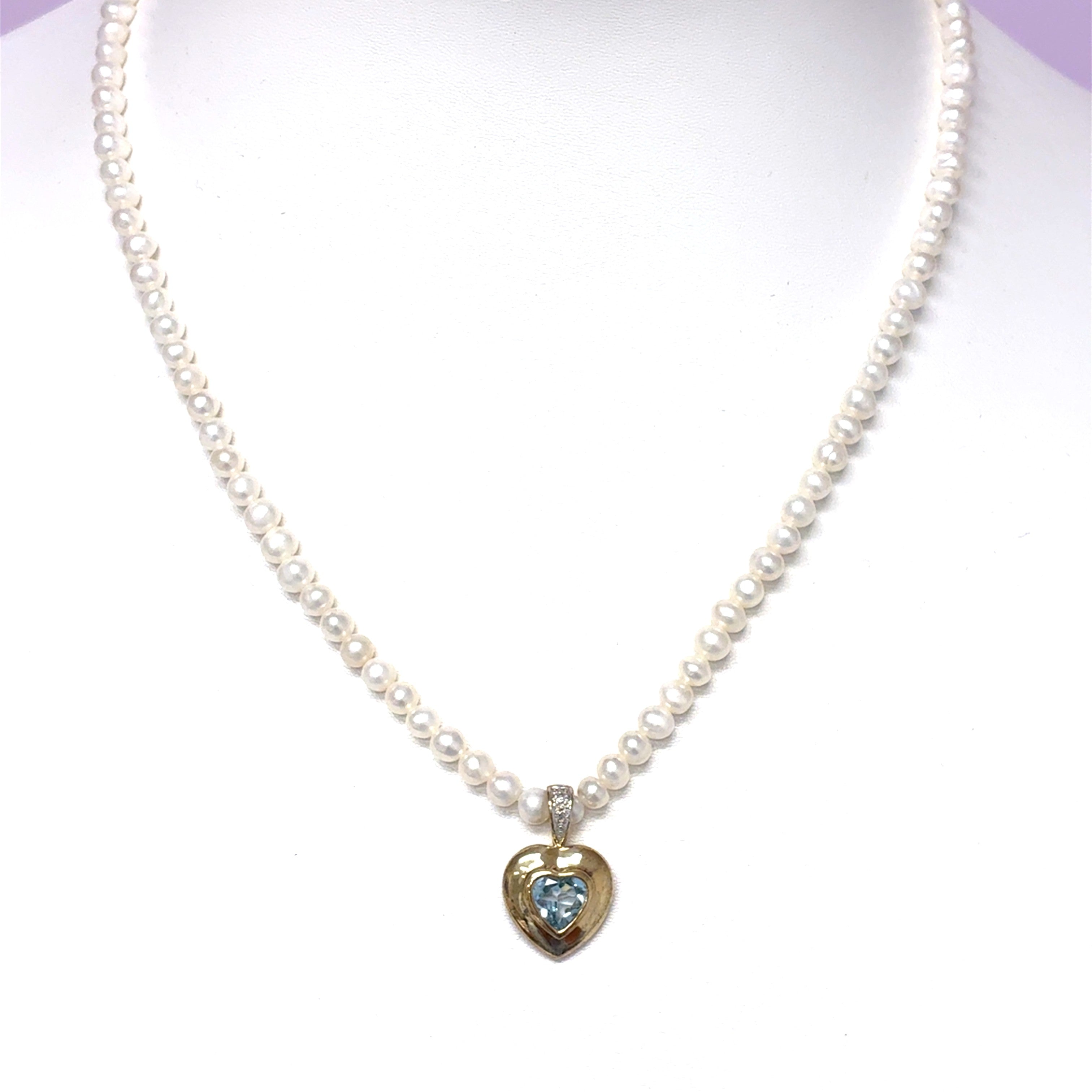 Perlenkette Anhänger Herz Gelb Gold Diamanten Aquamarin 213810