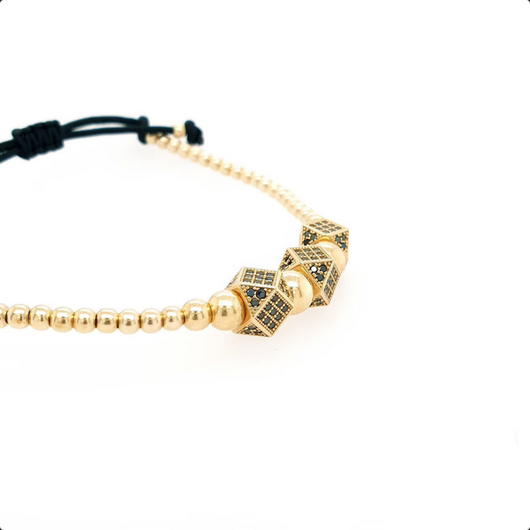 Armband Gelbgold 585/14kt Kugeln Beats schwarzes Nylonband
