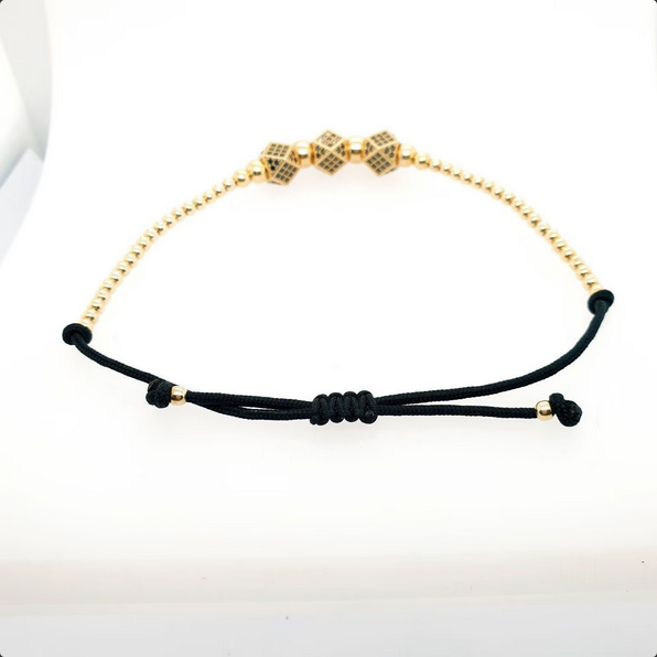Armband Gelbgold 585/14kt Kugeln Beats schwarzes Nylonband