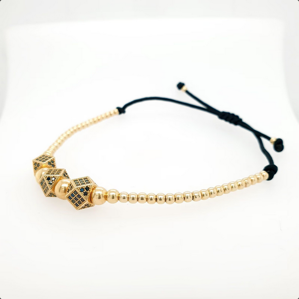 Armband Gelbgold 585/14kt Kugeln Beats schwarzes Nylonband