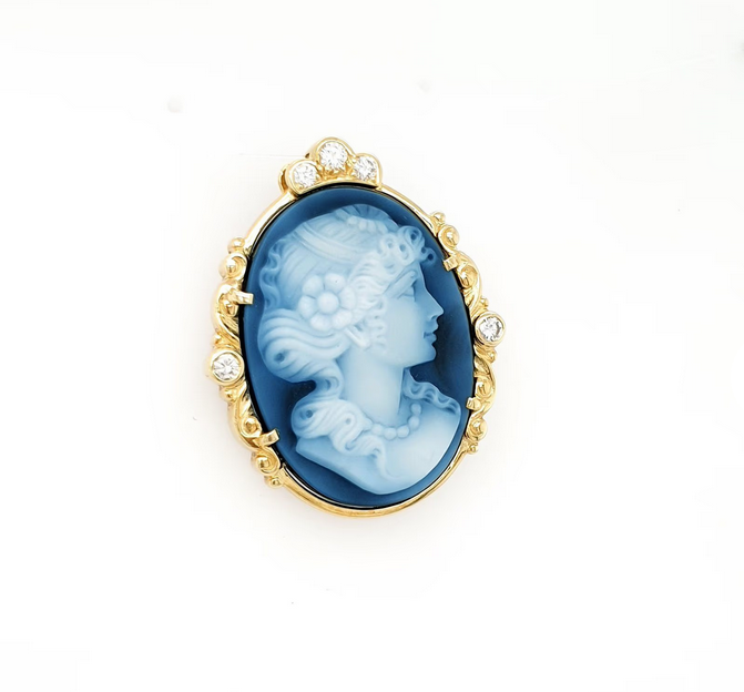 Brosche mit wunderschöner blauer Gemme Gelbgold 585/14kt Brillant