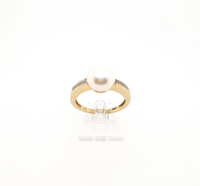 Gelbgold Ring Perle und Diamanten 585 14kt Gr.57