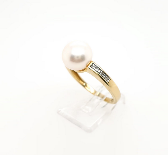 Gelbgold Ring Perle und Diamanten 585 14kt Gr.57