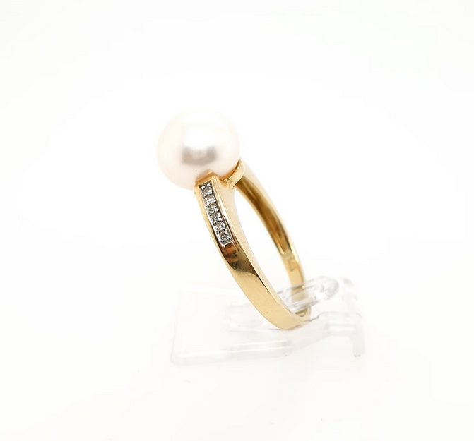 Gelbgold Ring Perle und Diamanten 585 14kt Gr.57