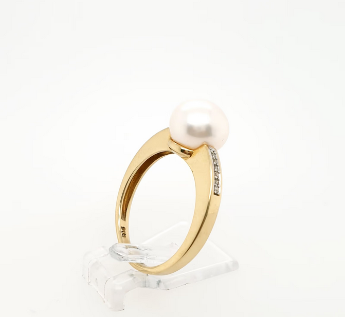 Gelbgold Ring Perle und Diamanten 585 14kt Gr.57