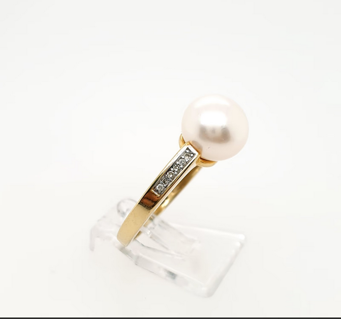 Gelbgold Ring Perle und Diamanten 585 14kt Gr.57