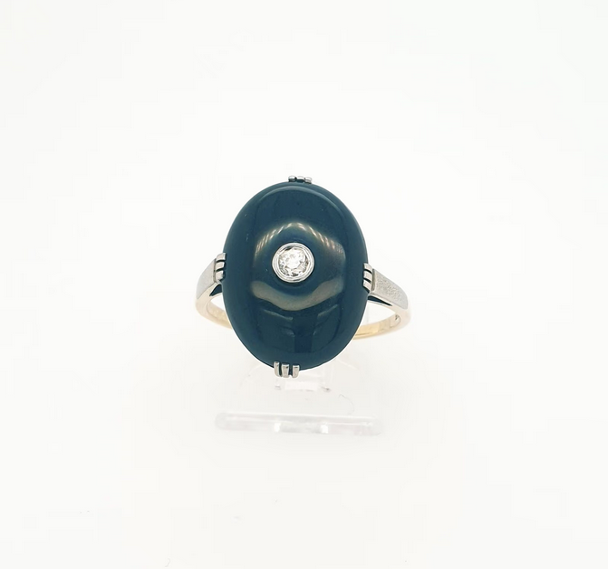 Schlichter Art Deco Ring Gelbgold Weißgold 585 Onyx Brillant