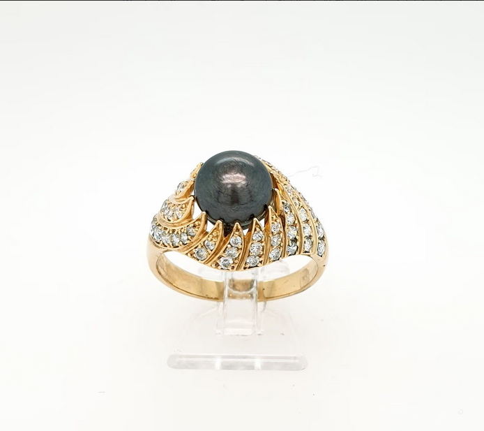 Ring Gelbgold 585/14kt dunkle Perle Strasssteine Gr.60