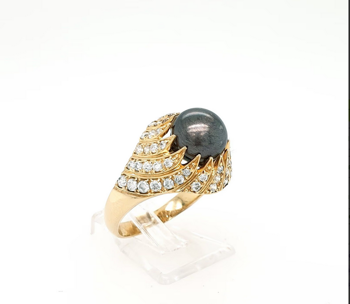 Ring Gelbgold 585/14kt dunkle Perle Strasssteine Gr.60
