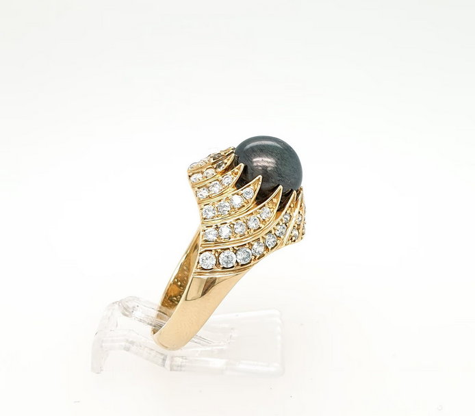 Ring Gelbgold 585/14kt dunkle Perle Strasssteine Gr.60