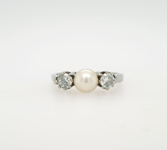 Perle Ring Antik Weißgold 585/14kt Brillanten 0,40 ct./pi Gr.55