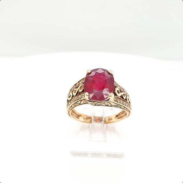 Ring mit rotem Stein und Zirkonia 585/14kt Gelbgold Gr. 56