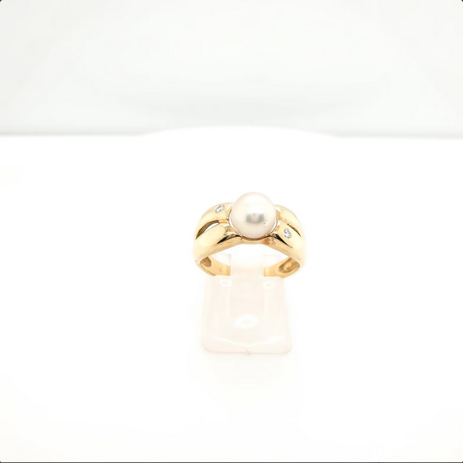 Perlenring mit Brillanten - Akoyaperle 585er Gelbgold Gr. 54