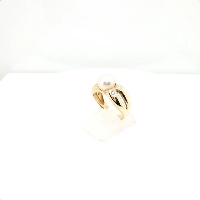 Perlenring mit Brillanten - Akoyaperle 585er Gelbgold Gr. 54