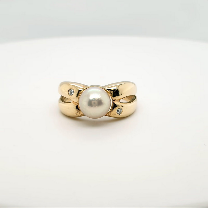 Perlenring mit Brillanten - Akoyaperle 585er Gelbgold Gr. 54