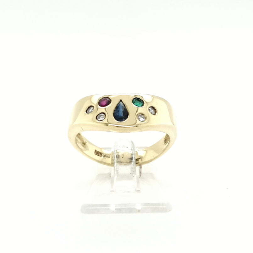 Goldring mit Brillanten 585 Gelbgold und Farbsteinen Gr. 55