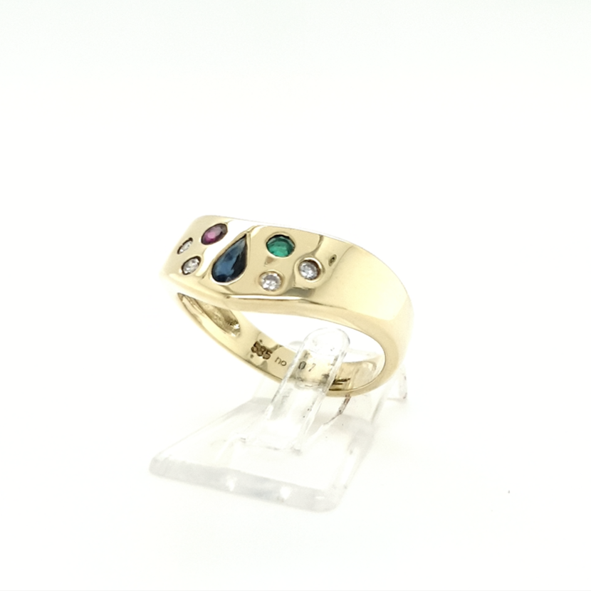 Goldring mit Brillanten 585 Gelbgold und Farbsteinen Gr. 55