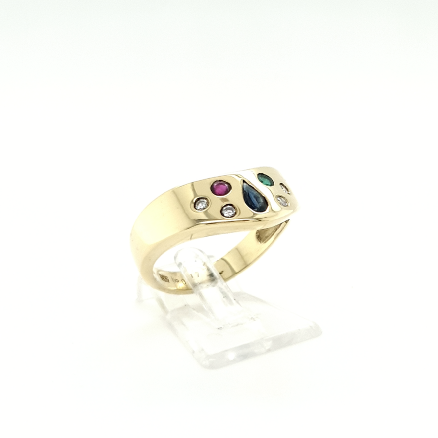 Goldring mit Brillanten 585 Gelbgold und Farbsteinen Gr. 55