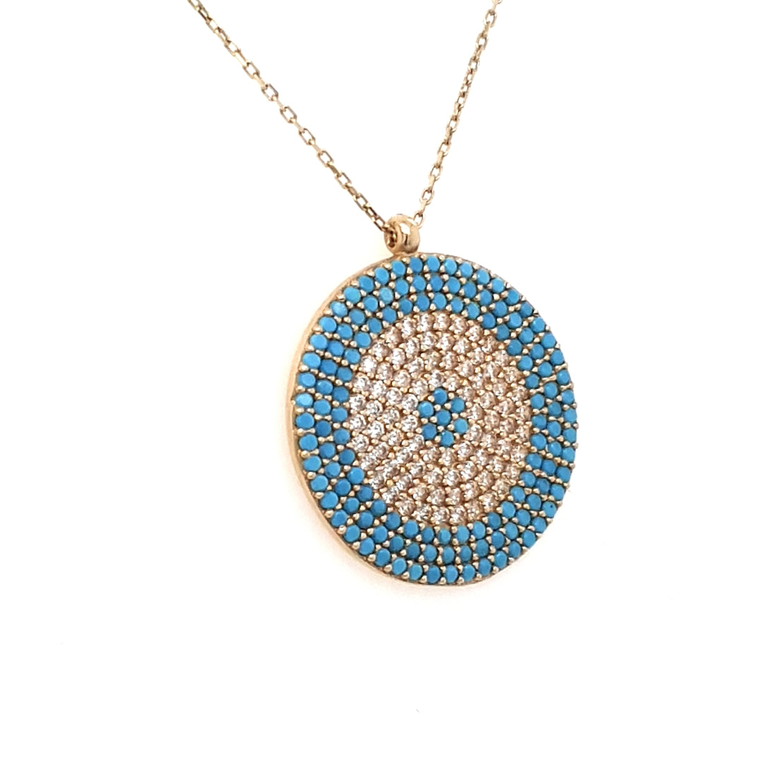 Collier Kette Anhänger Rund Gelbgold 585 / 14 kt hellblaue Farbsteine/Zirkonia Damen 188888