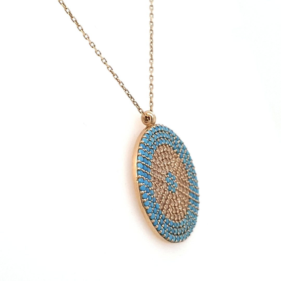 Collier Kette Anhänger Rund Gelbgold 585 / 14 kt hellblaue Farbsteine/Zirkonia Damen 188888