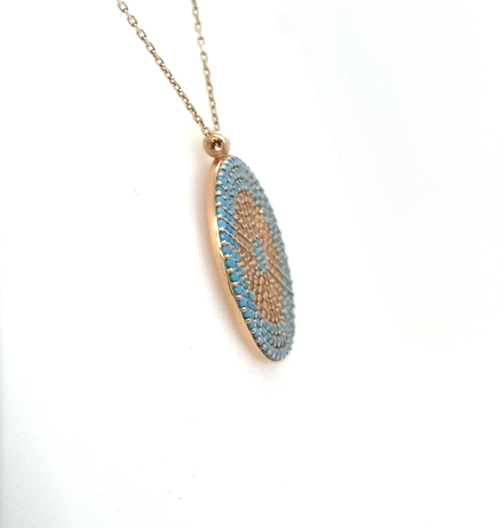 Collier Kette Anhänger Rund Gelbgold 585 / 14 kt hellblaue Farbsteine/Zirkonia Damen 188888