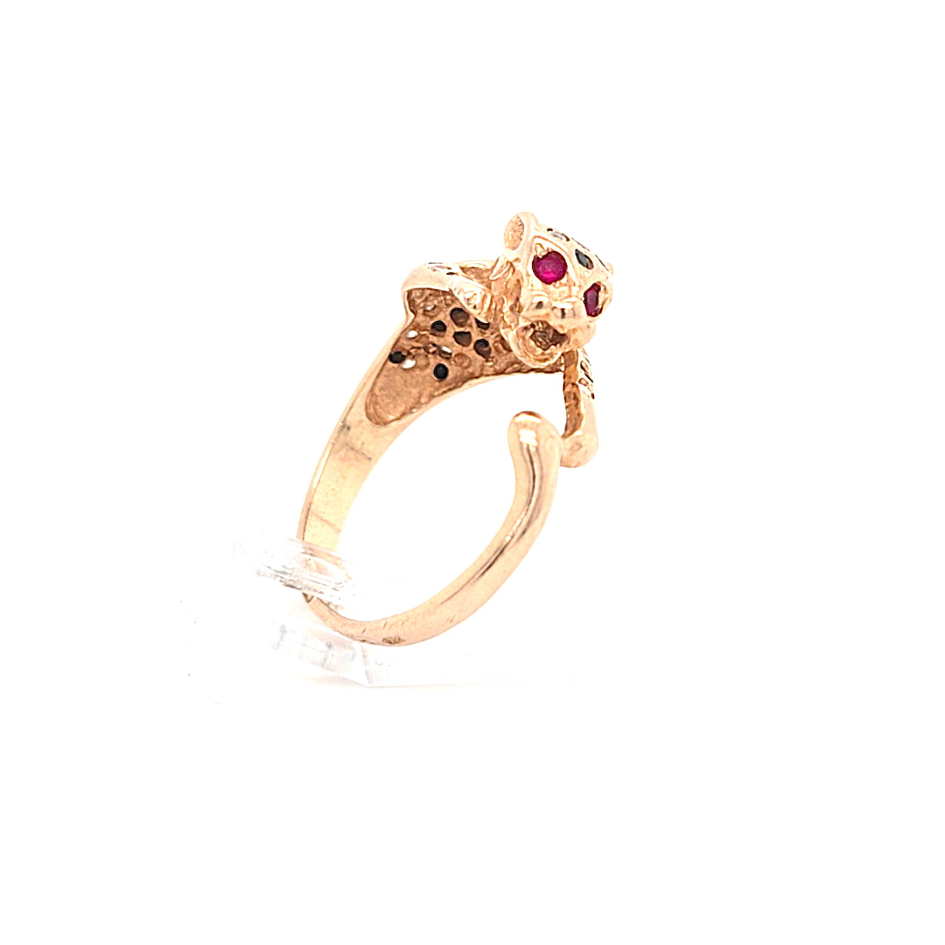 Ring Gold 585 14 kt Schmucksteine Schwarz Rot Zirkonia Wildkatze