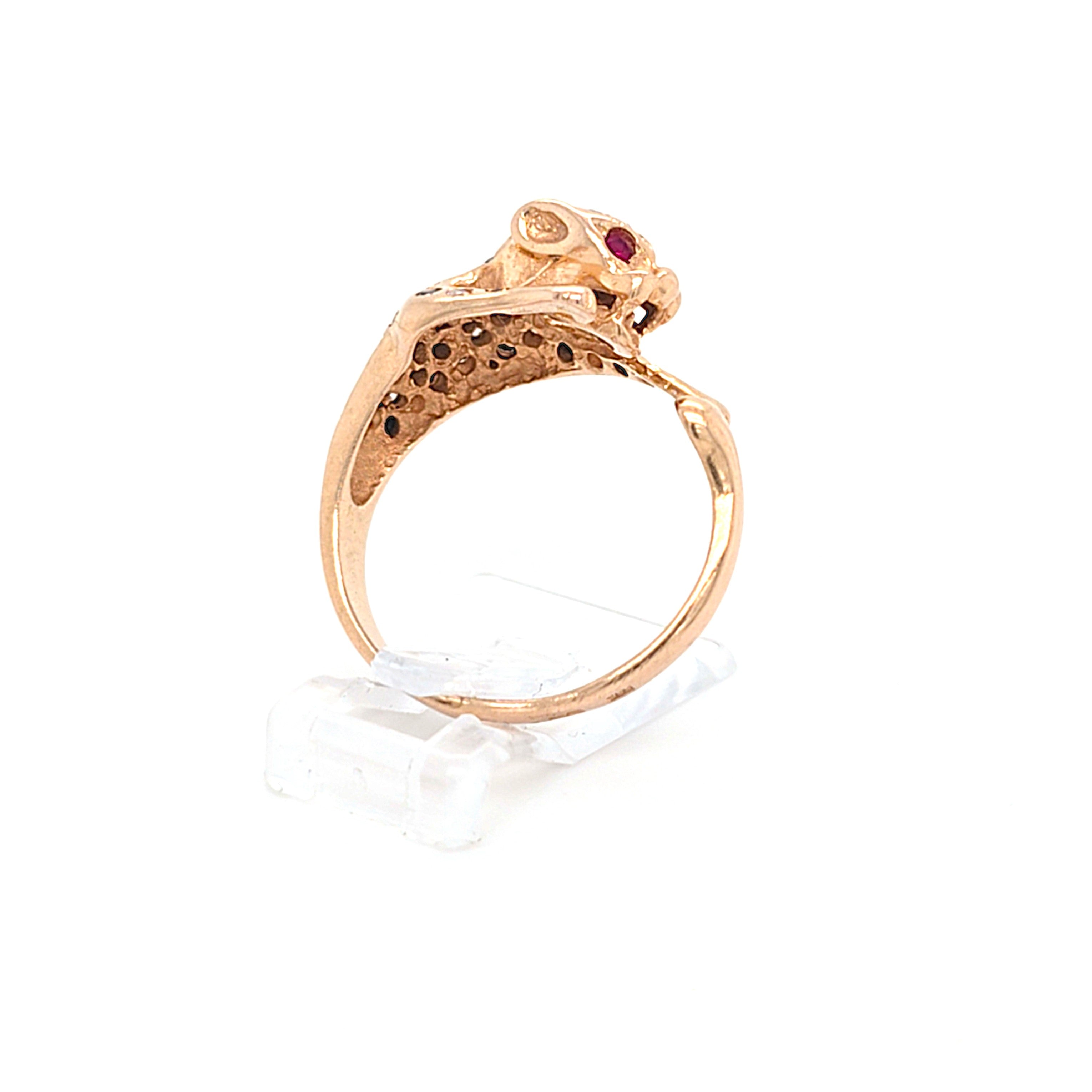 Ring Gold 585 14 kt Schmucksteine Schwarz Rot Zirkonia Wildkatze