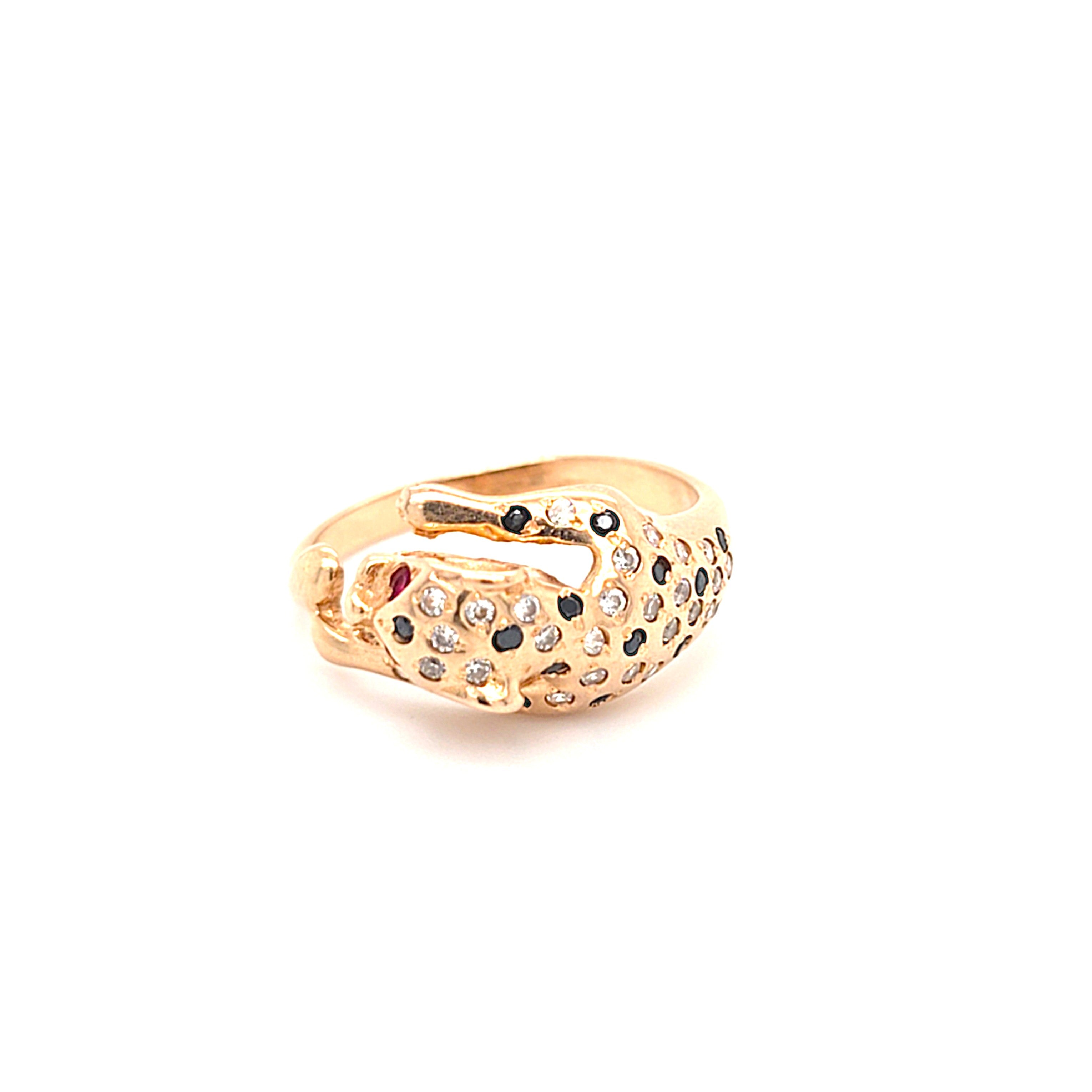 Ring Gold 585 14 kt Schmucksteine Schwarz Rot Zirkonia Wildkatze